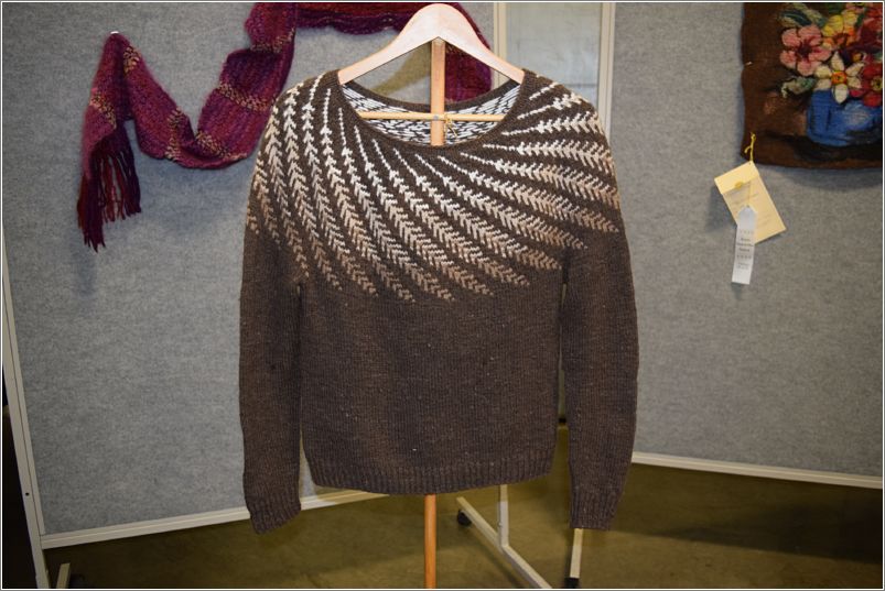  Laurel Stones beautiful brown colorwork sweater. Photo: Peggy Lundquist.